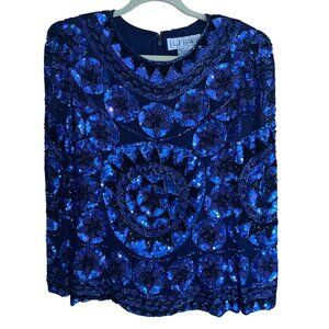 A J Bari Vintage Womens Top Size 14 Blue Beaded Sequin Casual Pure Silk